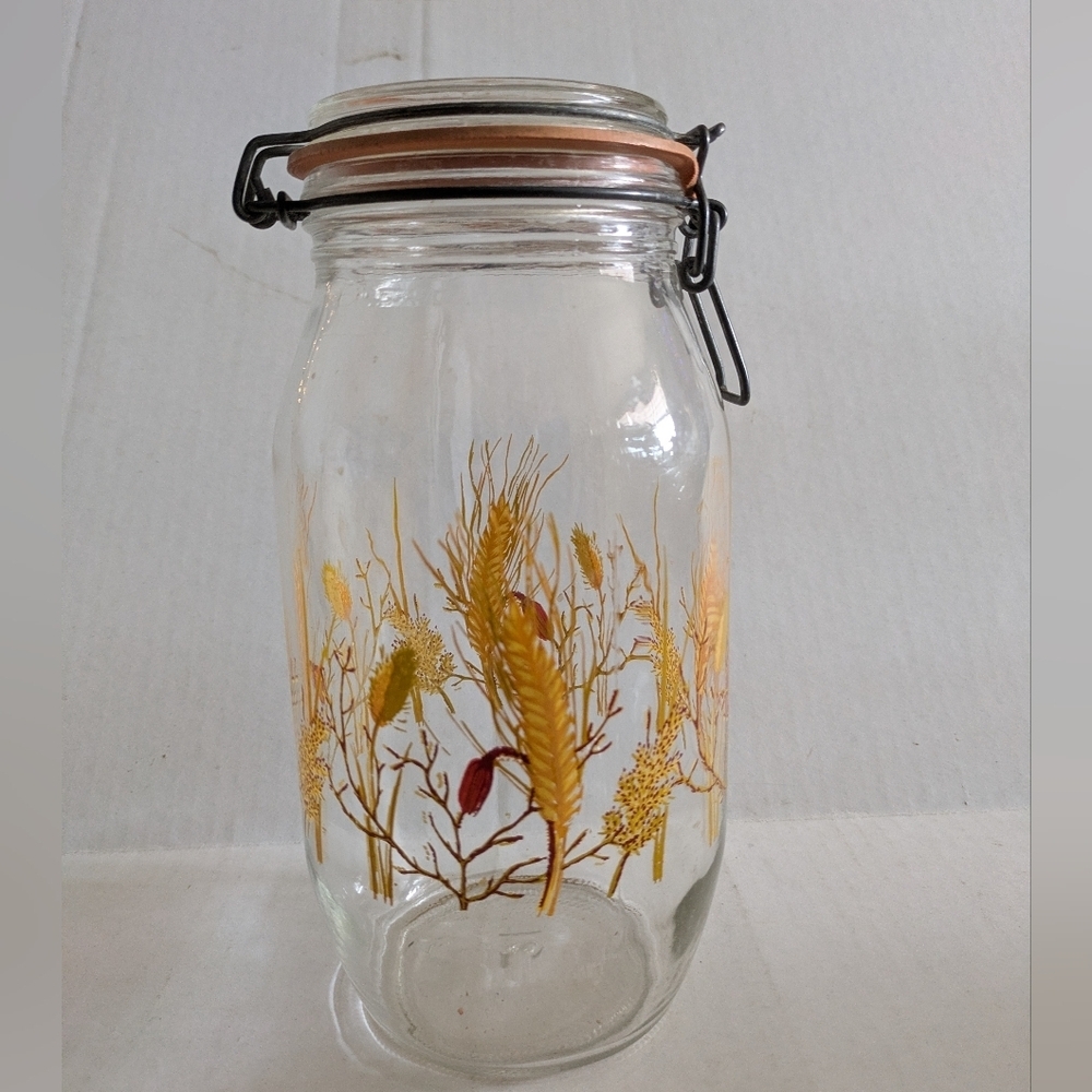 Vintage Glass Jar Canister Storage Botanical Wheat Arc France 2 L
